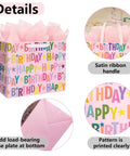 13 Inch Pink Happy Birthday Gift Bag With Colorful Lettering Design Card Tissue Paper And Sturdy Handles For Kids And Adults Birthday Parties, showing details like satin ribbon handle and printed pattern.