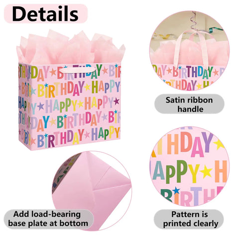 13 Inch Pink Happy Birthday Gift Bag With Colorful Lettering Design Card Tissue Paper And Sturdy Handles For Kids And Adults Birthday Parties, showing details like satin ribbon handle and printed pattern.