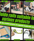 Various saws and clamps on guide rails, showcasing Top Shelf Track Saw Guide Rail Kit With Smooth As Butter Glide And Ultra Tough Aluminum Profile For TS55 TS75 Woodworking Setups That Turn Precise Cuts Into A Real Breeze Every Single Day.
