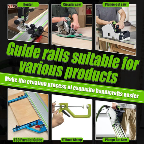 Various saws and clamps on guide rails, showcasing Top Shelf Track Saw Guide Rail Kit With Smooth As Butter Glide And Ultra Tough Aluminum Profile For TS55 TS75 Woodworking Setups That Turn Precise Cuts Into A Real Breeze Every Single Day.