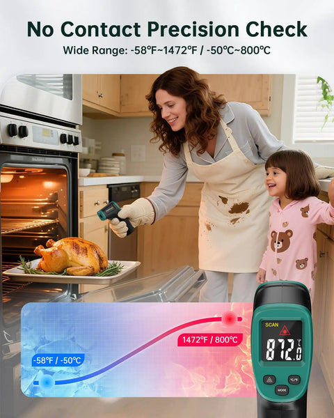 Non Contact Infrared Thermometer Gun With Laser Aiming And Color LCD Adjustable Emissivity For Accurate Readings From Minus 58F To 1472F Ideal For HVAC Cooking And BBQ Automotive And Freezer Jobs used to check roast temperature