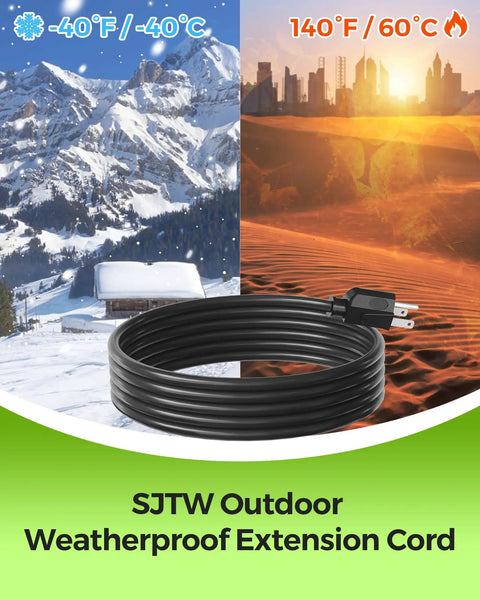 Black SJTW outdoor weatherproof extension cord coiled against a backdrop of snow and sun depicting temperature range from -40°F to 140°F.