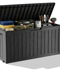 Outdoor Resin Storage Deck Box Lockable And UV Resistant 85 Gallon Bin open showing interior storage for tools and items
