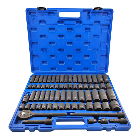 Seventy Piece Half Inch Drive Impact Socket Set With CR V Steel Includes SAE And Metric Standard And Deep Sockets Seventy Two Tooth