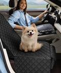 Waterproof Front Seat Cover for Dogs 2 Pack Pet Seat Protector in car with happy dog and driver, spill proof, easy clean.