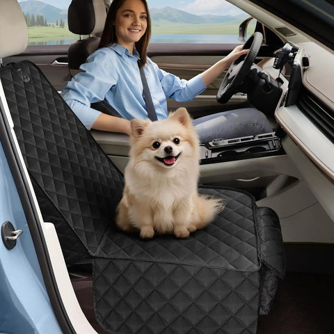Waterproof Front Seat Cover for Dogs 2 Pack Pet Seat Protector in car with happy dog and driver, spill proof, easy clean.