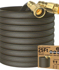 25ft lightweight flexible garden hose with solid brass fittings, orange and black woven TPE hose coiled beside box