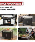 Various applications of Outdoor Grill Cart With Wheels A Movable Stainless Steel Kitchen Island With Storage Cabinet And Open Shelf For BBQ Prep Black Rolling Dining Cart Table For Food Prep And Extra Counter Space, shown in different settings and uses.