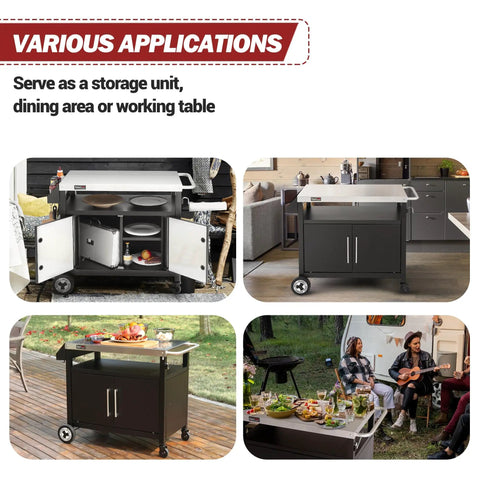 Various applications of Outdoor Grill Cart With Wheels A Movable Stainless Steel Kitchen Island With Storage Cabinet And Open Shelf For BBQ Prep Black Rolling Dining Cart Table For Food Prep And Extra Counter Space, shown in different settings and uses.