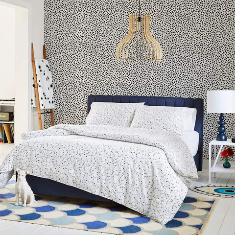 Bedroom with Removable Peel And Stick Wallpaper With Modern Hand Drawn Spot Pattern Easy Grab And Go DIY Accent For Bedroom Living Room And Kids Room Mess Free No Glue Or Residue Twenty Point Five Inches By Sixteen Point Five Feet Made In USA.
