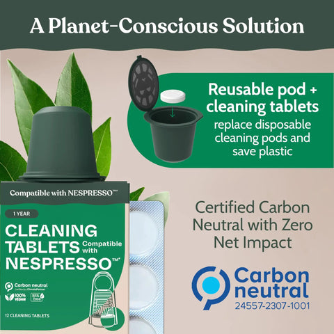 Nespresso Cleaning Pods for Deep Clean Remove Old Coffee Residue and Impurities Restore Fresh Flavor Eco Friendly Tablets for Espresso Machines Safe Easy to Use Keeps Your Brew Bold and Smooth Every Time box with reusable pod and 12 tablets