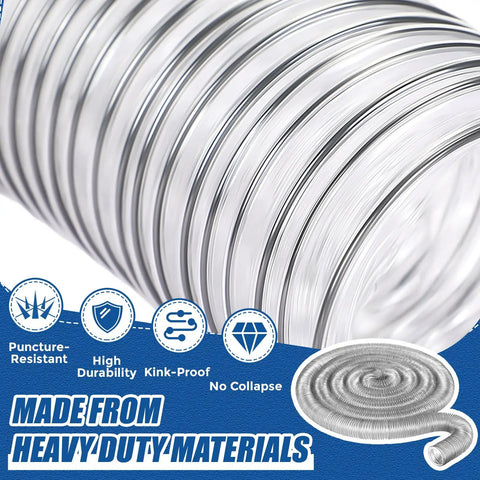 Close-up of flexible 4 inch diameter 70 foot clear dust collection hose for workshop vacuums, heavy duty puncture resistant PVC