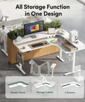 L Shaped Electric Standing Desk With Killer Storage Drawers, Reversible Tabletop For A Legit Home Office Or Gaming Setup, 63x48 Inch Large Workspace, Dual Memory Presets, Smooth Glide Motor, Fresh Warm White Finish with monitor stand and drawers.