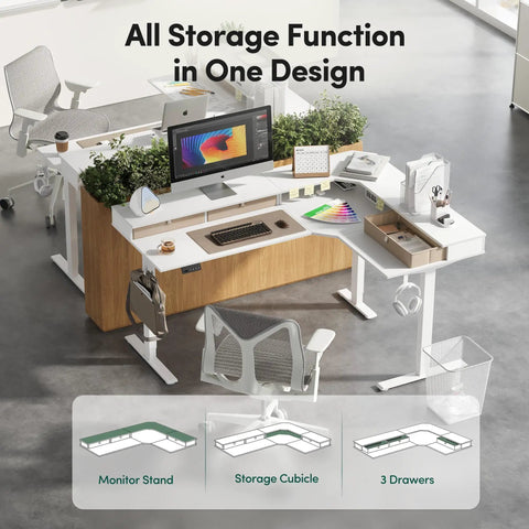 L Shaped Electric Standing Desk With Killer Storage Drawers, Reversible Tabletop For A Legit Home Office Or Gaming Setup, 63x48 Inch Large Workspace, Dual Memory Presets, Smooth Glide Motor, Fresh Warm White Finish with monitor stand and drawers.