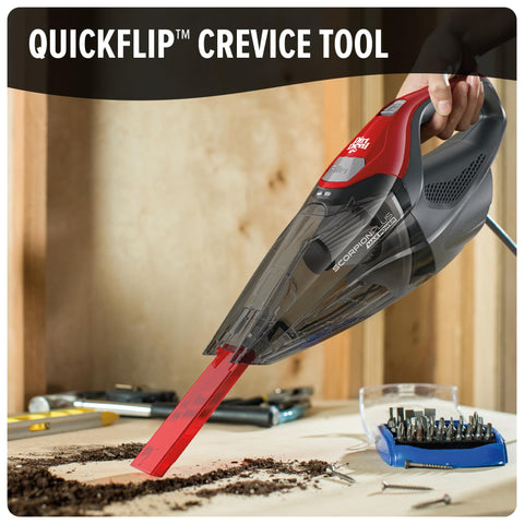 Scorpion Plus Handheld Vacuum Cleaner With Powerful Suction Lightweight Corded Design Includes Pivoting Stair And Upholstery Tool Crevice Tool in use on dirt