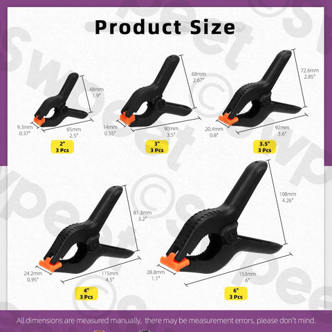 Swpeet 15 Piece Spring Clamp Set With Black Plastic Mini Clamps In Size Range From Two To Six Inches For Balloon Arcs Backdrops Woodworking And Crafting Projects. Product size chart showing 2, 3, 3.5, 4 and 6 inch clamps