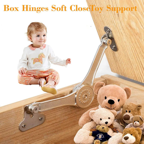 Two Pack Heavy Duty Crate Soft Close Hinges With Lid Support for toy boxes and wooden crates. Silver finish shown in use.