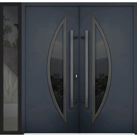 Slick Prehung Steel Double Front Doors Featuring Tinted Black Glass Sidelite Modern Right Inswing Entry System with sleek design