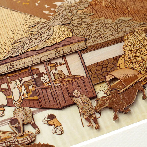 Ukiyoe Art Kit Kiharie The Running Well Teahouse At Otsu by Hiroshige, detailed wood collage scene of market and animals, A4 size.