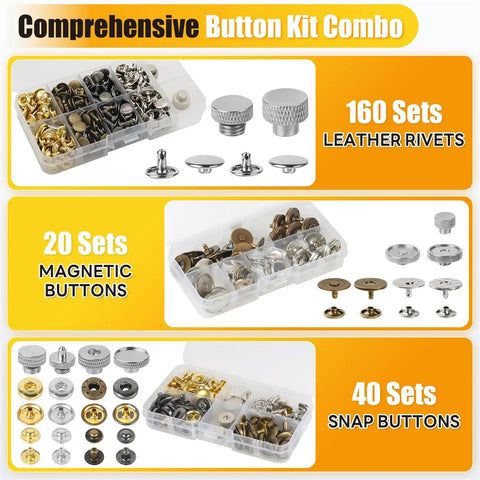 Heavy Duty Snap Button Press Kit With Carbon Steel Pliers Including 160 Leather Rivets 20 Magnetic Snaps And 40 Leather Snaps