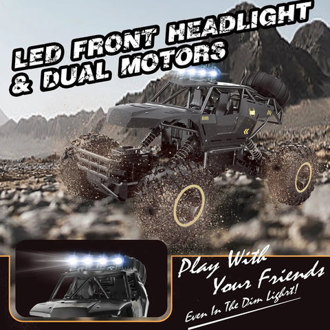 One Twelve Scale RC Off Road Monster Truck With Metal Shell And LED Headlights on rocky terrain