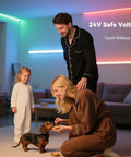 Family in pajamas with dog in living room, illuminated by Color Changing RGB COB LED Strip Light for cabinets and rooms, flexible 24V tape