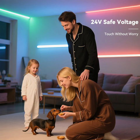 Family in pajamas with dog in living room, illuminated by Color Changing RGB COB LED Strip Light for cabinets and rooms, flexible 24V tape