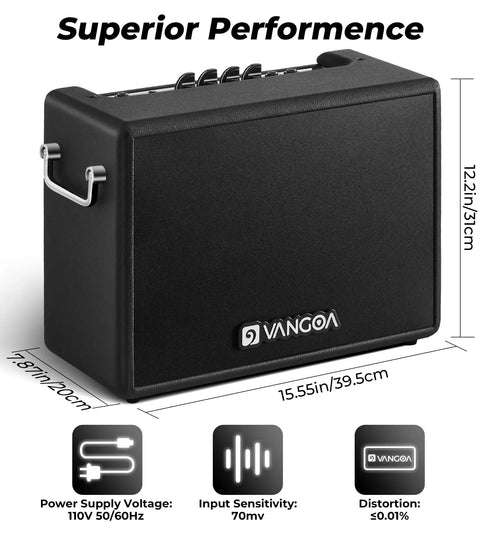 Portable 30W Bass Amp With 8 Inch Speaker Built In Overdrive And Mid Scoop Contour Gig Ready For Indoor And Outdoor Practice Rich Deep Bass Tone Easy Tone Shaping For Home Jam Sessions, black rectangular design, dimensions displayed.
