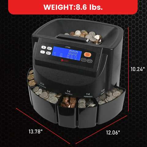 Top Shelf Electric Coin Counter And Sorter Machine handles quarter, dime, nickel, penny, and dollar bills with bright display.