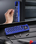 Magnetic Hex Bit Holder 39 Hole Organizer Tray With Powerful Magnetic Base And Storage Grid For One Quarter Inch Hex Bits And Drill Bit Adapters Heavy Duty Pro Grade Blue Tool Organizer, shown mounted and in use with hex bits.