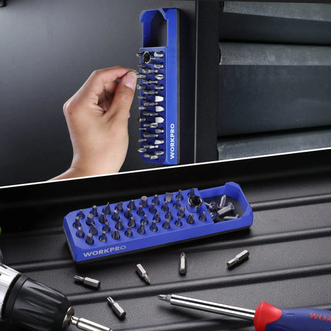 Magnetic Hex Bit Holder 39 Hole Organizer Tray With Powerful Magnetic Base And Storage Grid For One Quarter Inch Hex Bits And Drill Bit Adapters Heavy Duty Pro Grade Blue Tool Organizer, shown mounted and in use with hex bits.