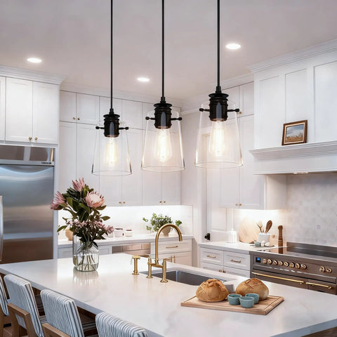 Black Pendant Lights For Kitchen Island, Modern Glass Hanging Fixture over a bright kitchen island with white cabinetry.