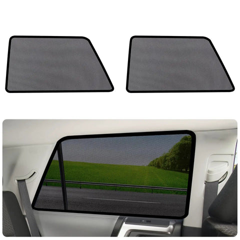 Rear Window Shades For Toyota 4Runner 2011-2023, breathable mesh privacy screens shown installed and uninstalled in car.