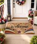 Patriotic 4th Of July Door Mat With Red White Blue Fireworks Design Welcome Mat With Heavy Duty Backing Faux Coco Coir Doormat For Independence Day Outdoor Porch All American Decor