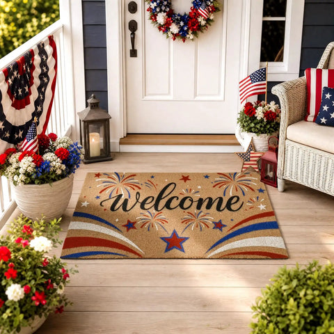 Patriotic 4th Of July Door Mat With Red White Blue Fireworks Design Welcome Mat With Heavy Duty Backing Faux Coco Coir Doormat For Independence Day Outdoor Porch All American Decor