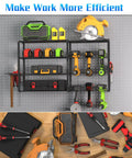 5 Tier Tool Shelf Organizer for Garage Wall Mount Carbon Steel Heavy Duty Storage Holds 80-260 Lbs Total Power Tool Rack with 6 Drill Holders displaying various tools and equipment.