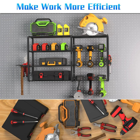 5 Tier Tool Shelf Organizer for Garage Wall Mount Carbon Steel Heavy Duty Storage Holds 80-260 Lbs Total Power Tool Rack with 6 Drill Holders displaying various tools and equipment.