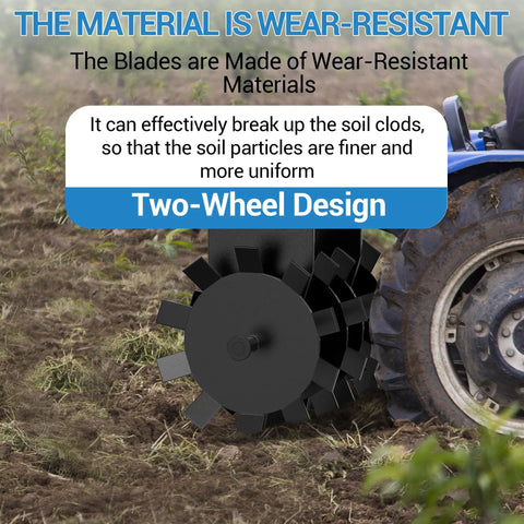 32 Inch Heavy Duty Disc Plow Harrow Two Pack For ATV UTV attached to tractor with two-wheel design on hard soil field