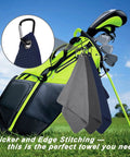 3 Pack 16 By 16 Inch Golf Towels For Men On The Go With Carabiner Clip attached to golf bag on the field