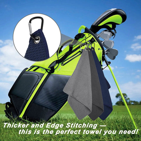 3 Pack 16 By 16 Inch Golf Towels For Men On The Go With Carabiner Clip attached to golf bag on the field