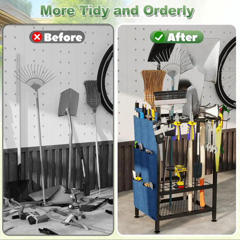 Before and after image of Beefed Up Garden Tool Organizer Rack For Garage And Shed, Metal Yard Tools Storage For Up To 46 Tools Including Shovels, Rakes And Brooms, With 11 Hooks And 35 Slots, Ideal For Garage Yard Patio Or Shed.