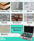 Diamond Core Drill Bit Set 11 Piece Tile Hole Saw Kit With Triangle Shank for porcelain, granite, marble, stone shown in case next to materials