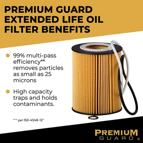 Premium Guard long lasting oil filter for 10K miles with that synthetic blend media, ultra efficient 25 micron filtration benefits text.