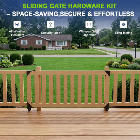 Sliding Gate Hardware Kit For Wood Gates 1.5 to 2 Inches Anti Sag Beefed Up With Galvanized Steel Track Frame And Reinforced Corner Braces For Stable, Deformation-Resistant Performance Easy Install on wood fence gate