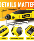 Handheld Electric Chainsaw Sharpener Kit With 6 Titanium Coated Diamond Bits For On The Bar Sharpening, close-up view showing switch and grip features.