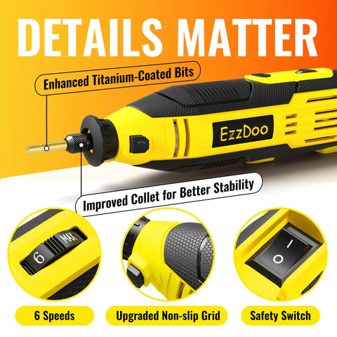Handheld Electric Chainsaw Sharpener Kit With 6 Titanium Coated Diamond Bits For On The Bar Sharpening, close-up view showing switch and grip features.