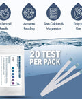 Water Hardness Test Strips Pack Of 20 Reads Calcium And Magnesium In 30 Seconds Fast Accurate Kit shown with packaging and strips