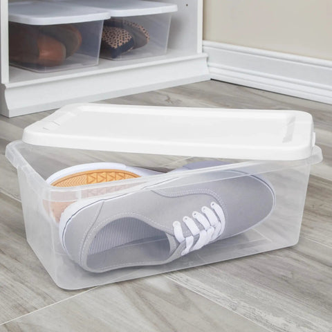 Clear Plastic Storage Bins With Lids 6 Quart Stackable Organizer Boxes showing shoes inside for easy closet organization.