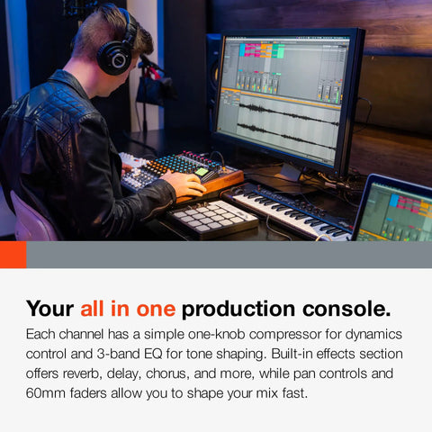 Person using All In One 12-Track Digital Multitrack Studio Mixer With USB Audio Interface And DAW Control in a home studio.
