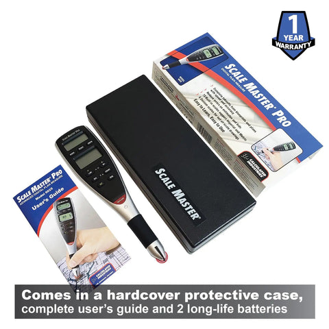7.3 Inch Digital Plan Measure With 72 Built In Scales And Six Custom Scales For Pros displayed with case and user guide